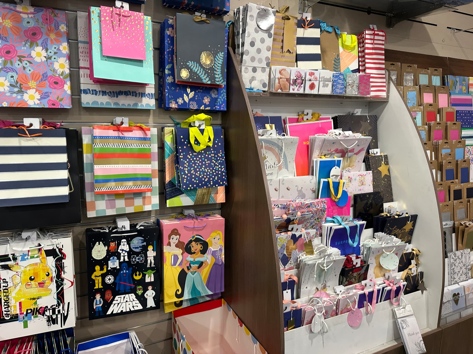 Colourful gift bags and wrapping in store