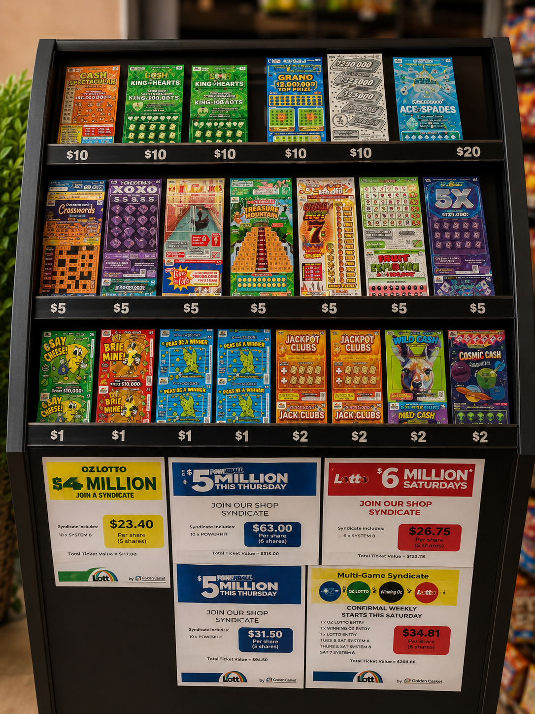 Lotto and scratchie tickets on display